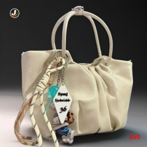 Beige Gathered Handbag with Rope & Keychain