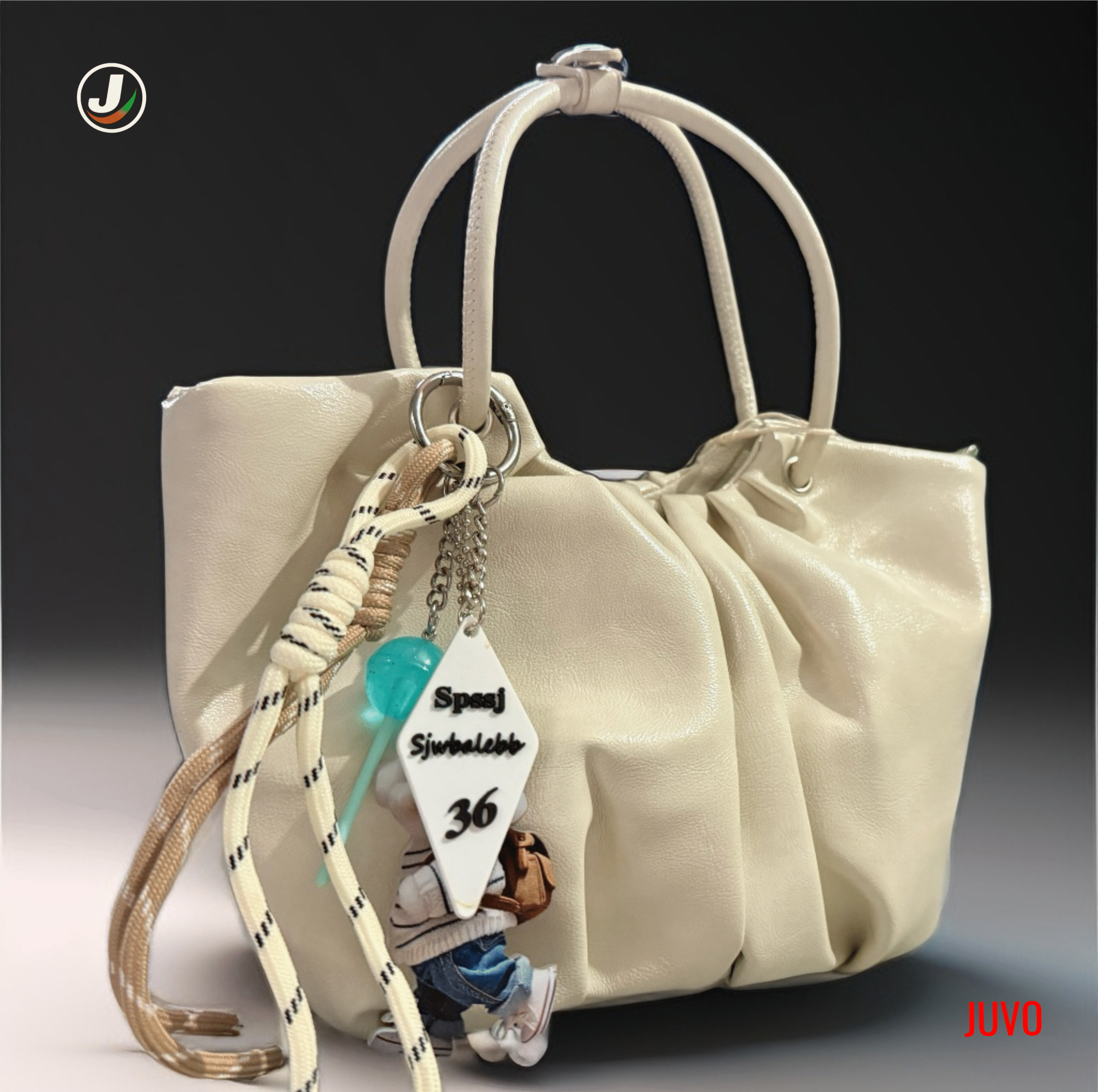Beige Gathered Handbag with Rope & Keychain