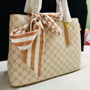 Beige Printed Handbag with Scarf
