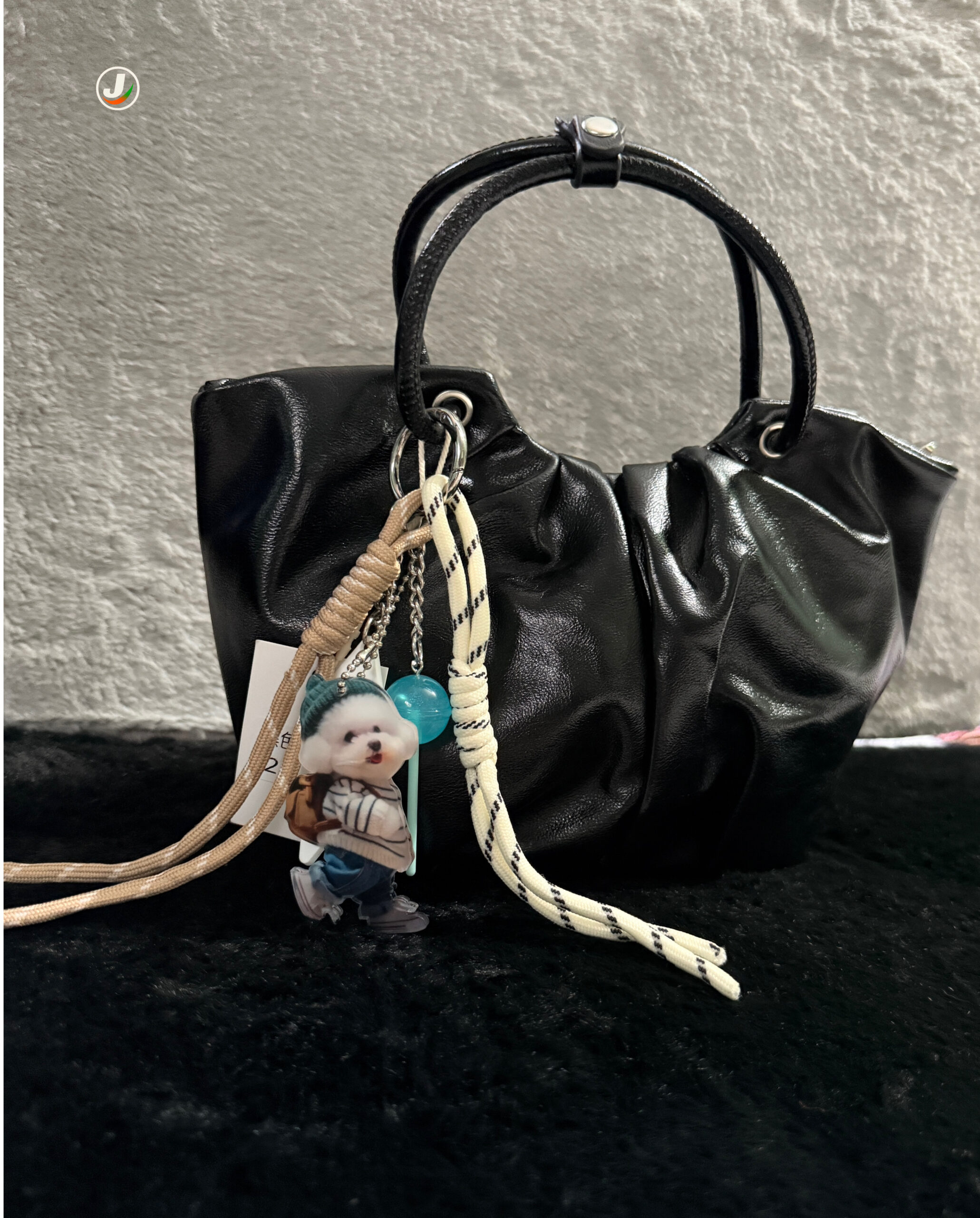 Beige Gathered Handbag with Rope & Keychain - Image 2